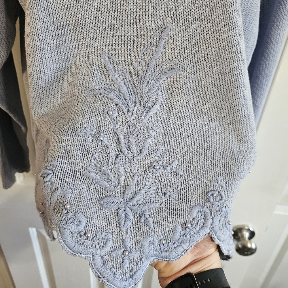 Sweater Bee Women Large Vintage 80s Knit Sweater Lavender Ramie Beaded Floral - Picture 3 of 7